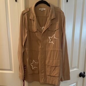 Peace Love World Anorak Military Style Jacket with Star Patches, Red Side Ties